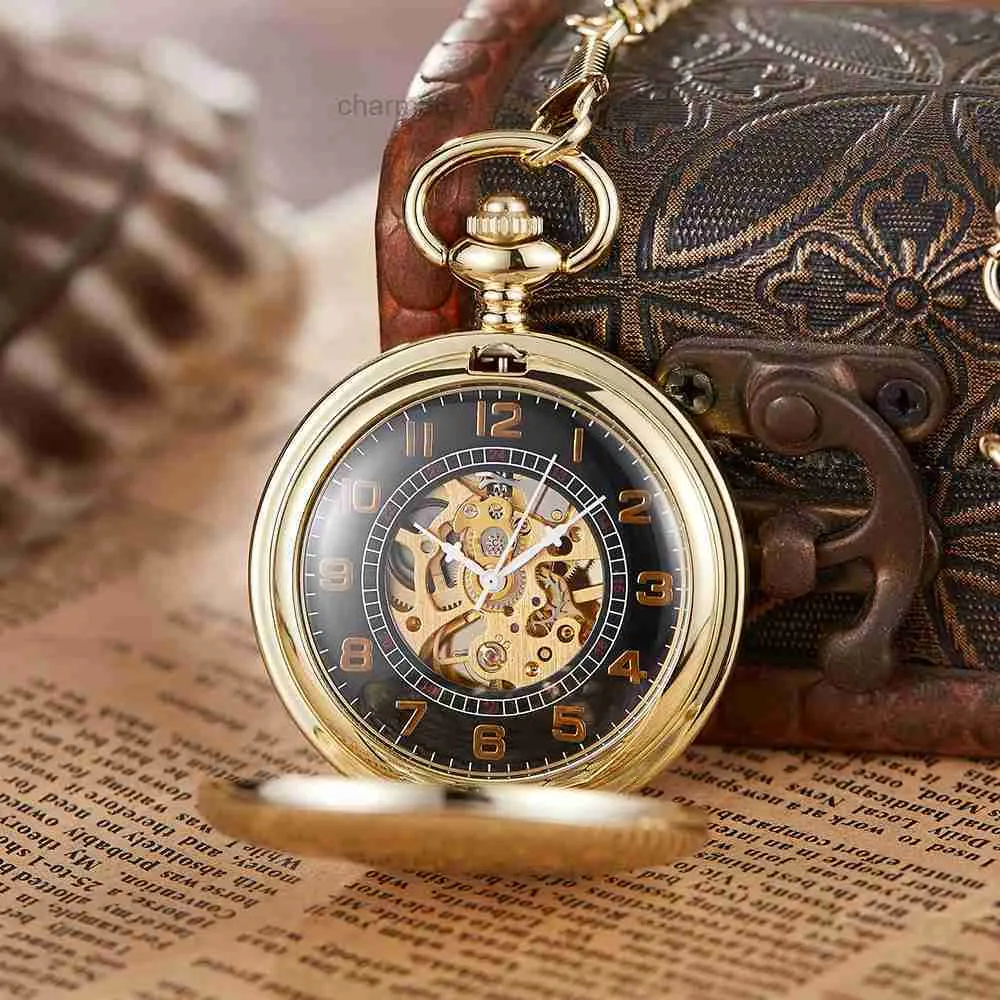 Vintage Zakhorloge Goud Heren Gladde Spiegelkast Luxe Skeleton Dial FOB Steampunk Klok Dames Relogio Masculino