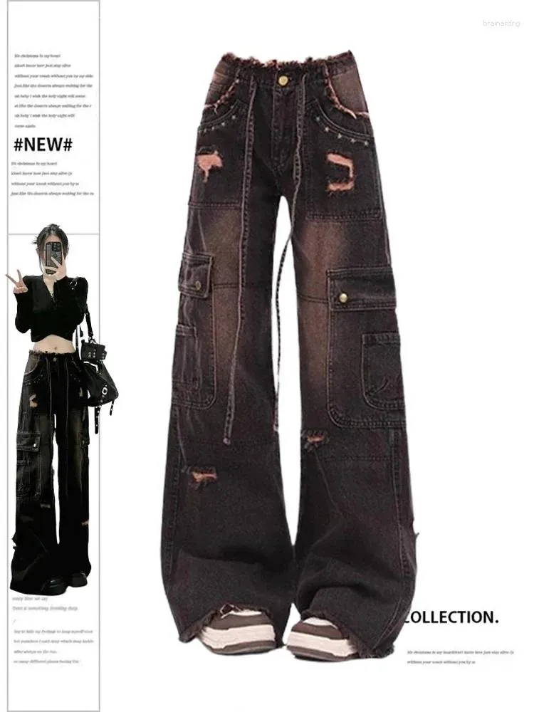 여자 청바지 90 년대 빈티지 검은 고딕화물 Y2K 하이 허리 와이드 다리 바지 하라주 쿠 가루 진 바지 이모 2000 년대 옷