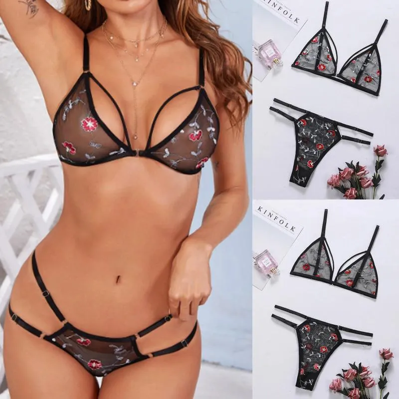 Soutien-gorge Ensembles Femmes Sexy Lingerie Set Vêtements de nuit Dentelle Florale Broderie Sous-vêtements Mesh Transparent Soutien-gorge et culotte Exotique Babydoll