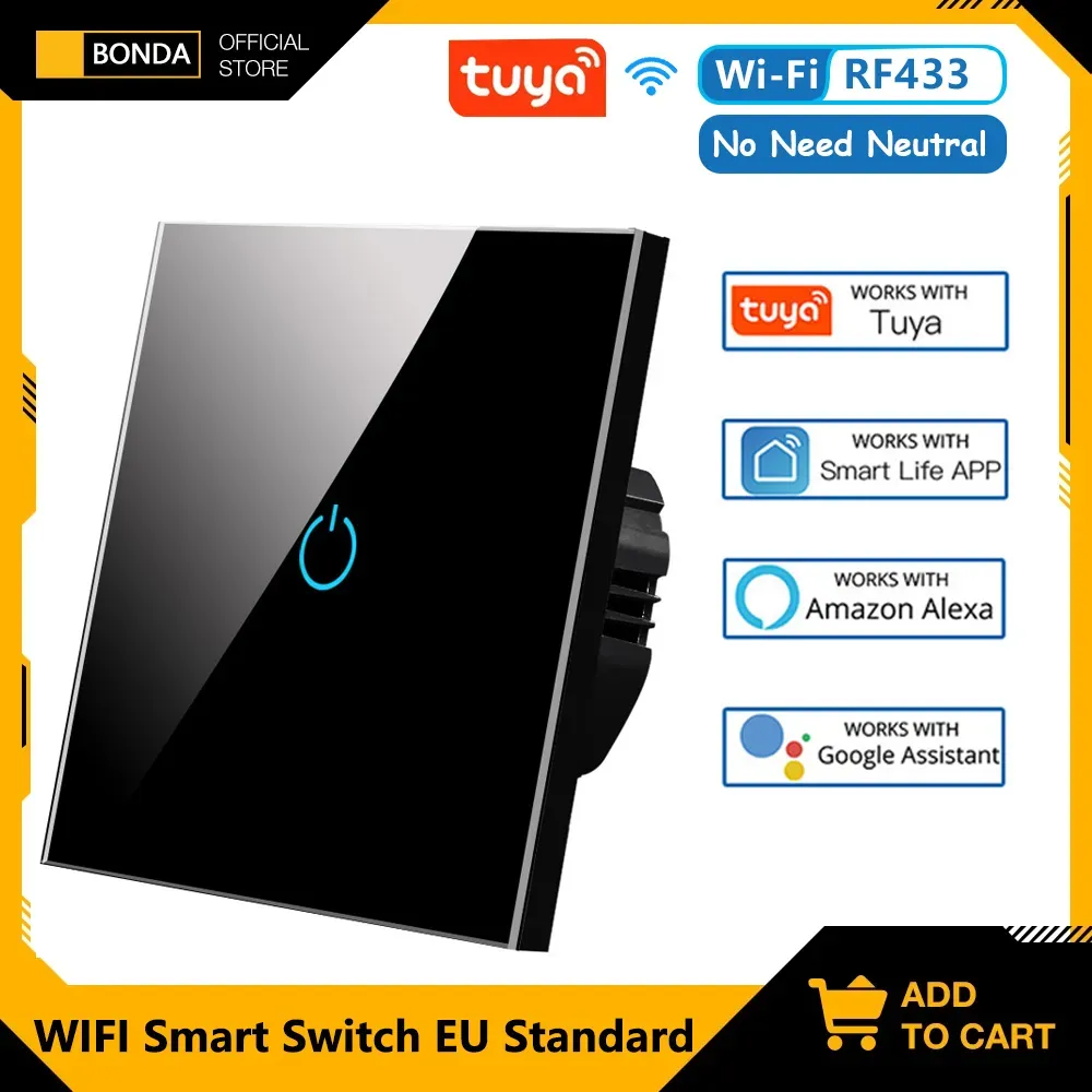 Controls Bonda Smart Switch Alexa RF433 Geen neutrale Tuya -besturing werkt met Google 1/2/3 Gang Smart Life Home Light WiFi Touch Switches