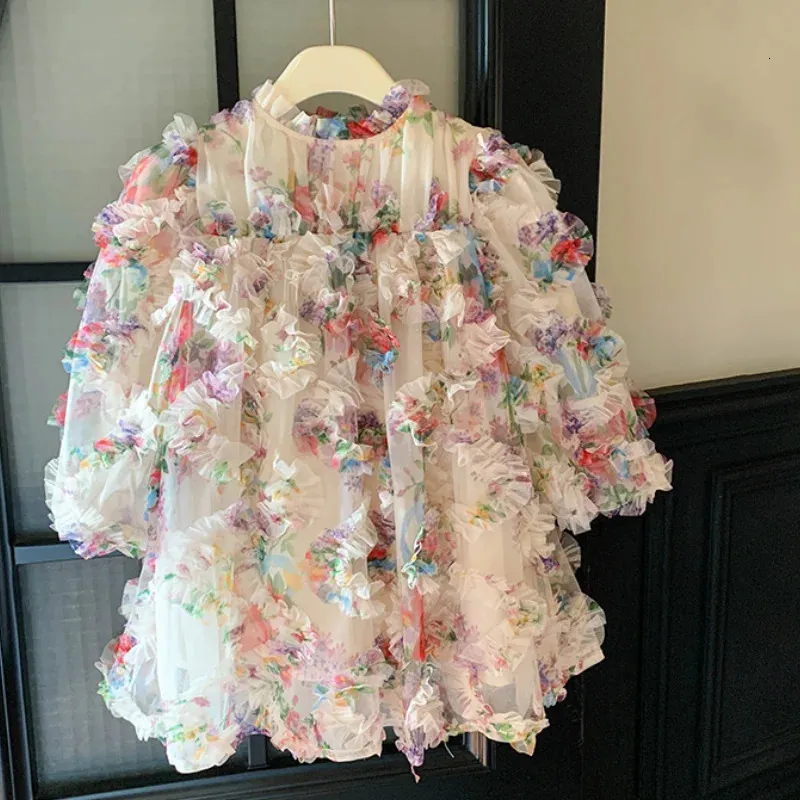 Mädchen Kleid Frühling und Herbst Koreanische Kinder Puff Ärmeln Blume Prinzessin Chiffon Kleid Kinder Mode Party Kleidung 240402
