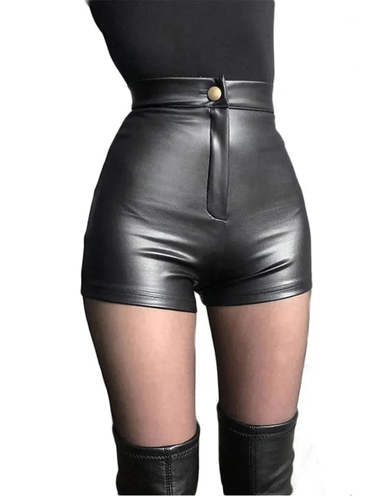 Sexy Schwarz PU Mode Lässig Sommer Shorts Frauen Kleidung Kunstleder Goth Hohe Taille Frauen Y2k Frau Kurze Hosen 240402