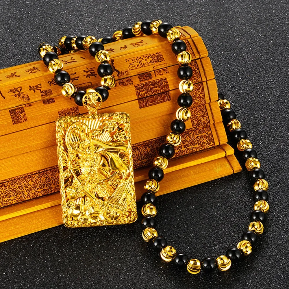 Kolyeler Budizm Blessing Ejderhası, Kadınlar İçin El İşaretli Kolye Kolyeleri Erkekler Obsidiyen Boncuklar Gerçek 24K Altın Otoriter Kolye Takı