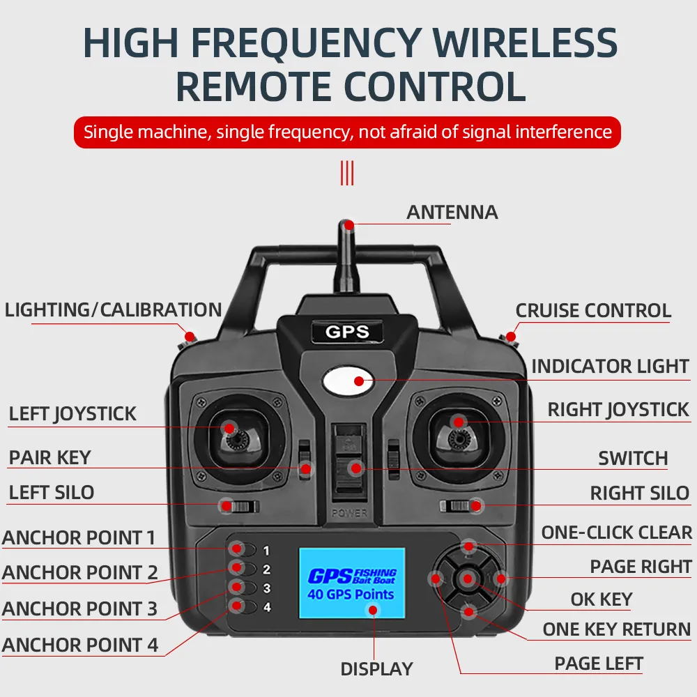 リモートコントロールGPSベイトボート40ポイント500m自動運転リターン1.5kg V700 RCフィッシュファインダーボート釣り用のライト付き