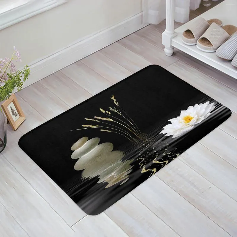 Tapis Zen pierres blanc fleur Lotus noir maison paillasson décoration flanelle doux salon tapis cuisine tapis chambre tapis de sol