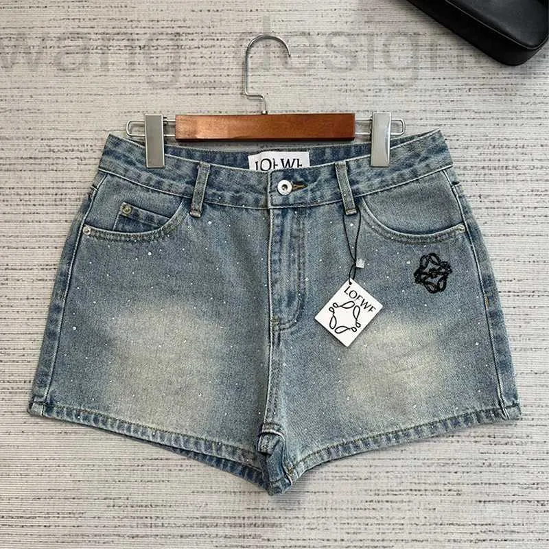 Kvinnors shorts designer sydolja hög version loe * 24 vår/sommar ny klassisk het diamant broderi mönster midja smala denim shorts för kvinnor isxr