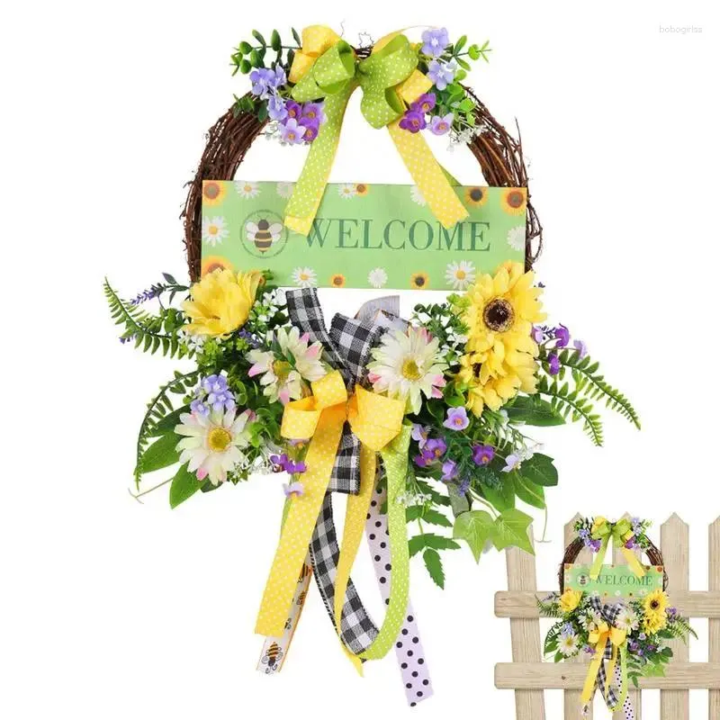 Flores decorativas Corona de puerta principal Signo de bienvenida Coronas de eucalipto con lazo de flores Granja Primavera Verano Otoño Guirnaldas Decoración