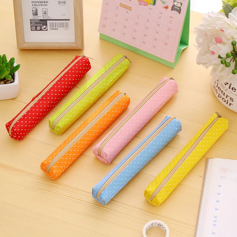 1 Pcs Cute Candy Color Pencil Case Kawaii Dot Canvas Pen Bag Stationery Pouch For Girls Gift Office School Supplies