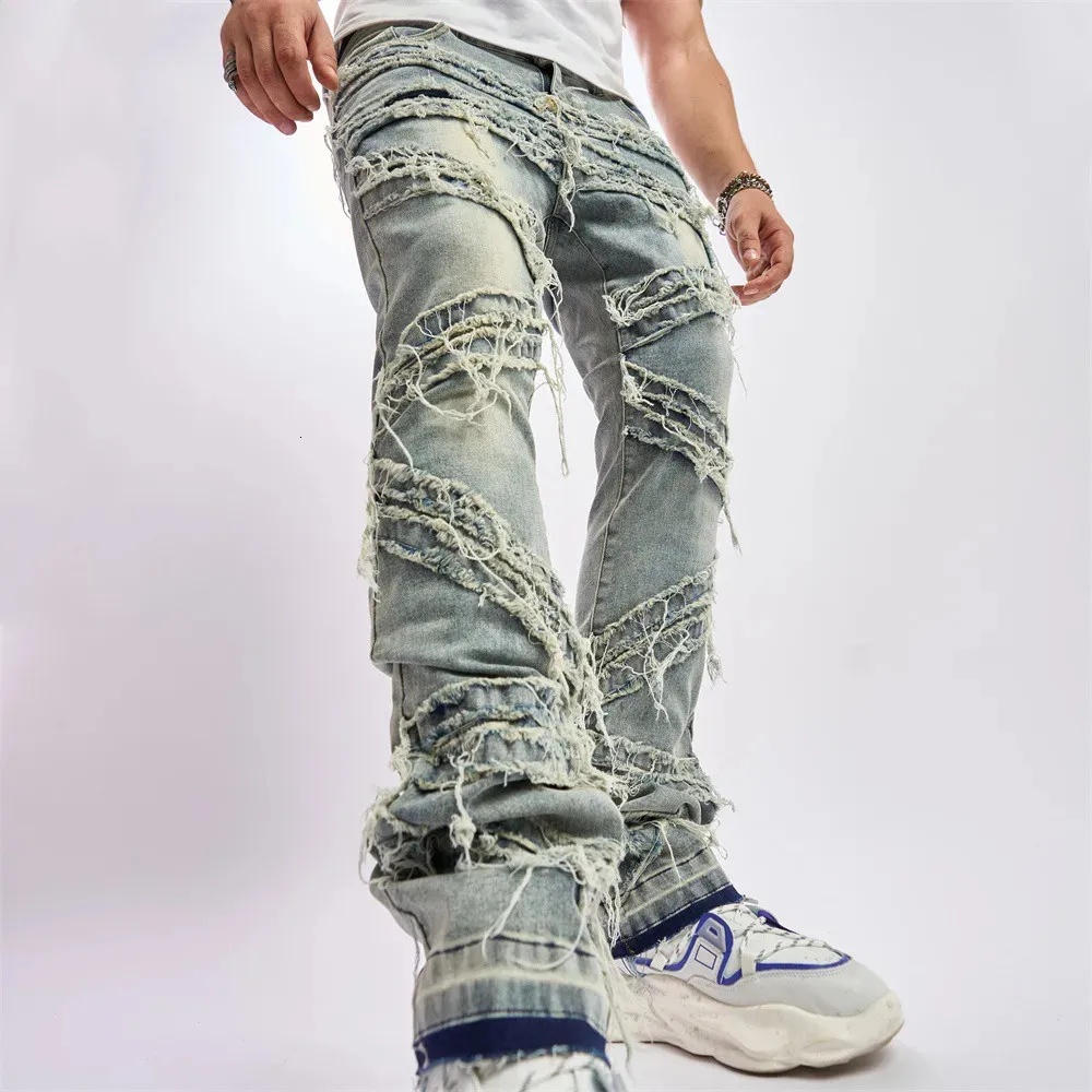 Men Vintage Stylish Loose Ripped Patch Jeans Pants Streetwear Male Solid Casual Straight Denim Trousers 240329