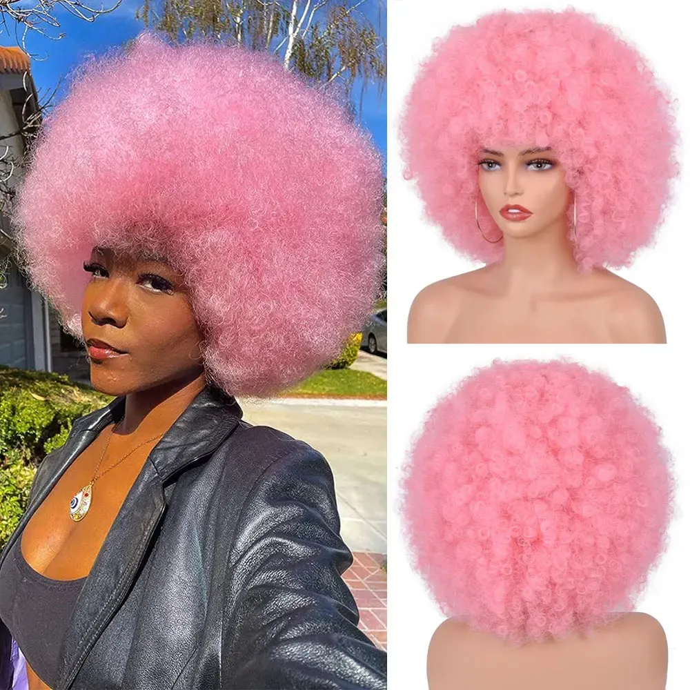 Perruques courtes courtes Afro Curly Wigs avec une frange pour les femmes noires Africain Blonde synthétique perruque ombre Cosplay Cosplay 70s Bouncy Bouncy Fluffy Wigs