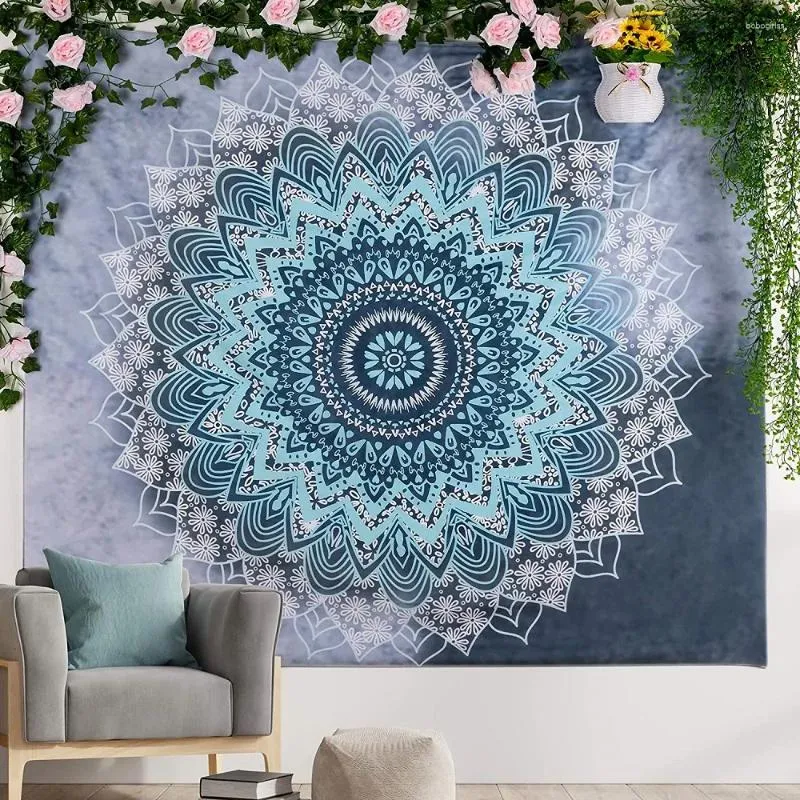 Tapestries Mandala Hippie Bohemian Blue White Flower Tapestry Dorm Decor Living Room Bedroom Wall Hanging