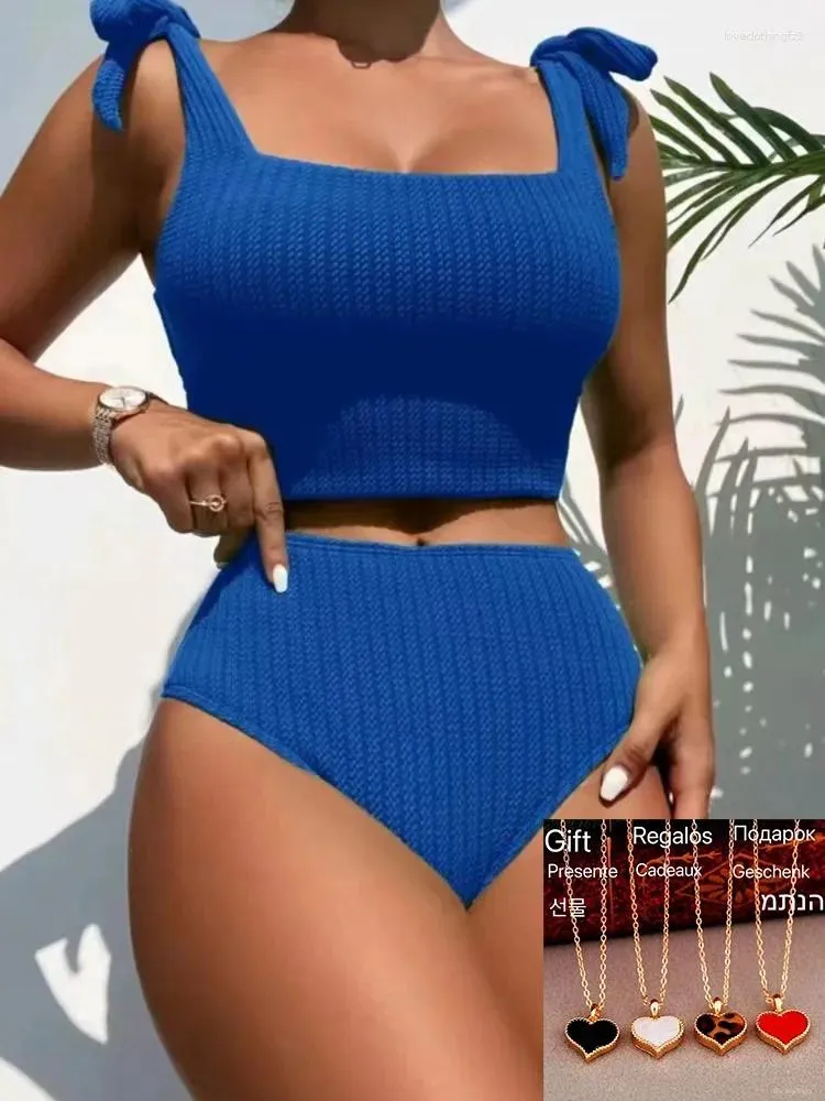 Traje de baño para mujer 2024 Bikini de cintura alta Traje de baño brasileño Sexy Sólido Verde Atar Correa Acanalado Push Traje de baño Dar un regalo