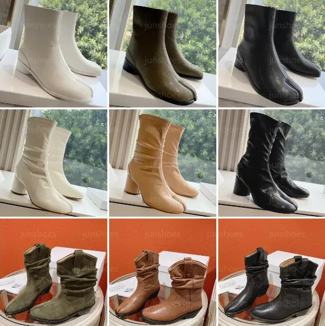 Zapatos de diseño Tabi Boots Maison Mm6 Mujeres Mujeres Split Toe Chelsea Botas de lujo Margiela Calf Suede Fashion Fashion Knee High Western Toeled Boots Tamaño 35-45