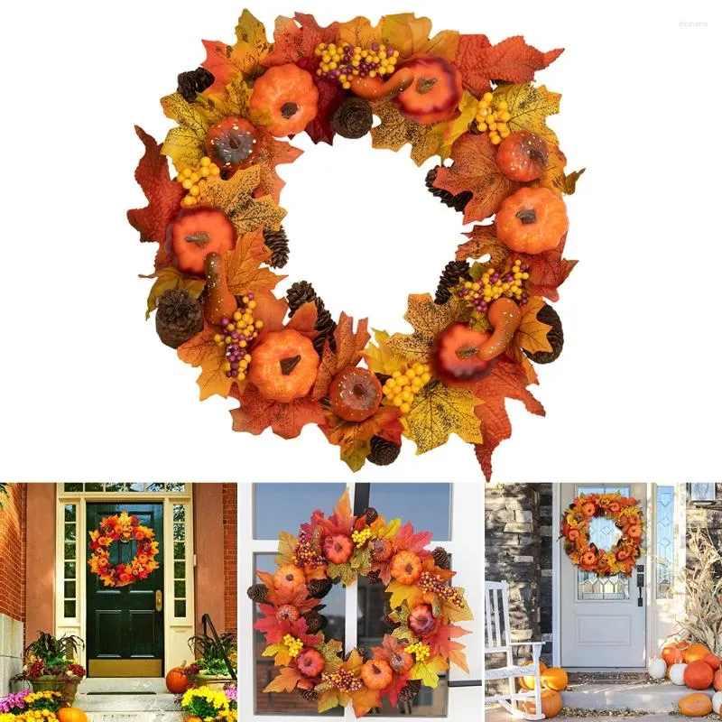 Decorative Flowers Fall Pumpkin Wreath Berry Harvest Front Door Wall Hanging Rattan Pinecone Home Halloween Decor