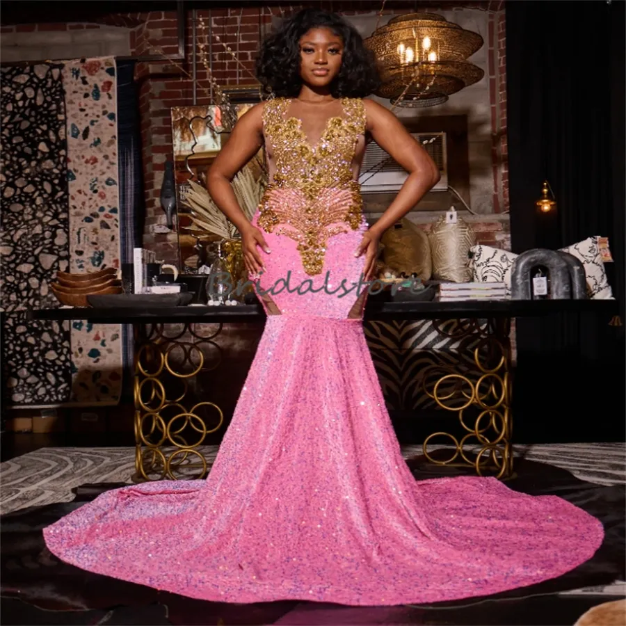 Pink and gold mermaid prom dress discount