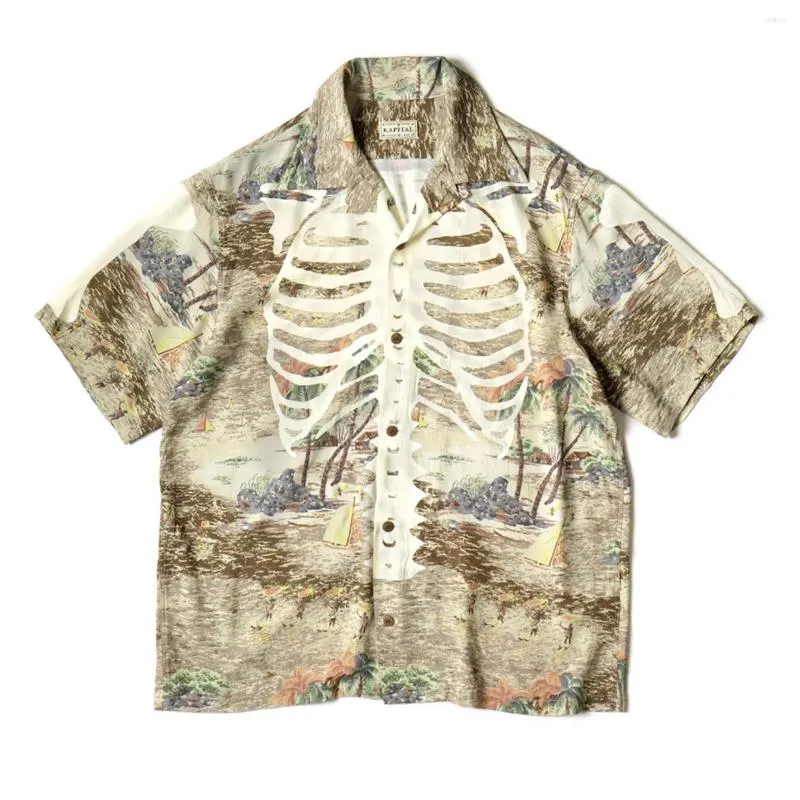 Мужские повседневные рубашки 23SS KAPITAL Hirata Hiroshi, японская кость, гавайская рубашка с кубинским воротником и принтом, летняя рубашка с короткими рукавами