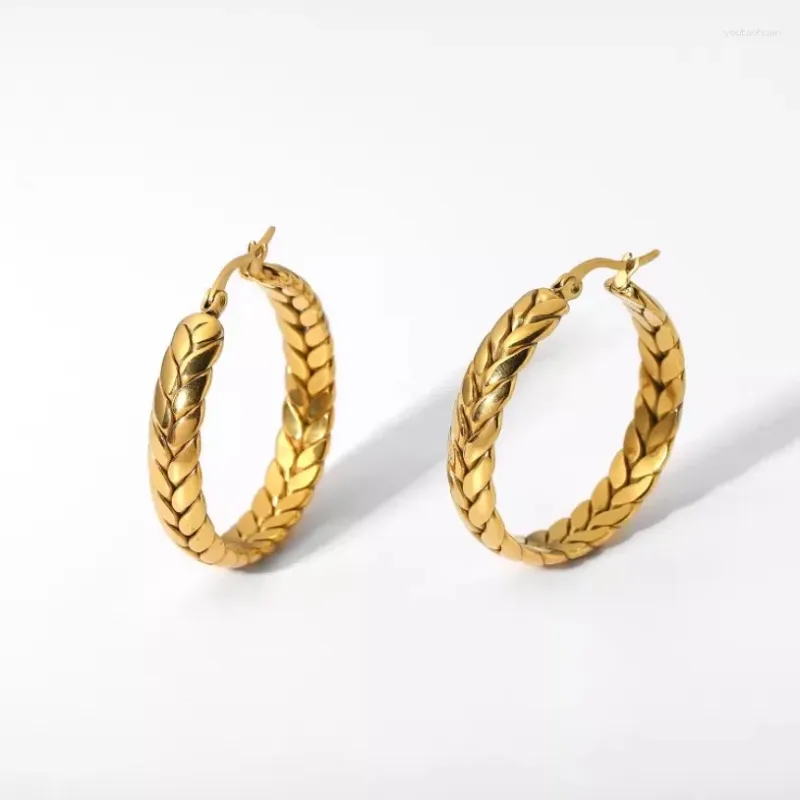 Brincos de parafuso prisioneiro 316l aço inoxidável moda fina jóias de alta qualidade trigo forma de orelha entrelaçamento círculo argola para mulher