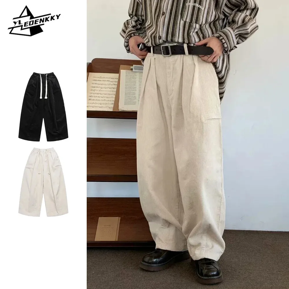 Винтажные вельветовые брюки для мужчин и женщин, однотонные широкие утепленные повседневные брюки, японские универсальные свободные брюки-карго, весна унисекс 240323