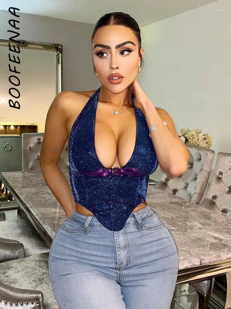 Women's Tanks BOOFEENAA Glitter Bustier Cropped Top Sexy Deep V Backless Tank Clubwear Womans Clothing Summer 2024 Festival Wear C16-BF10