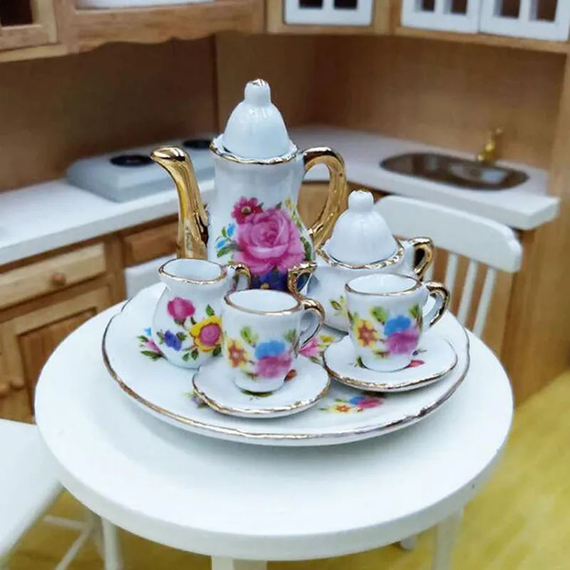 1:6 Scale Miniature Porcelain Tea Set - 8-Piece Flower Pattern Set For Dollhouse & Barbie Dolls
