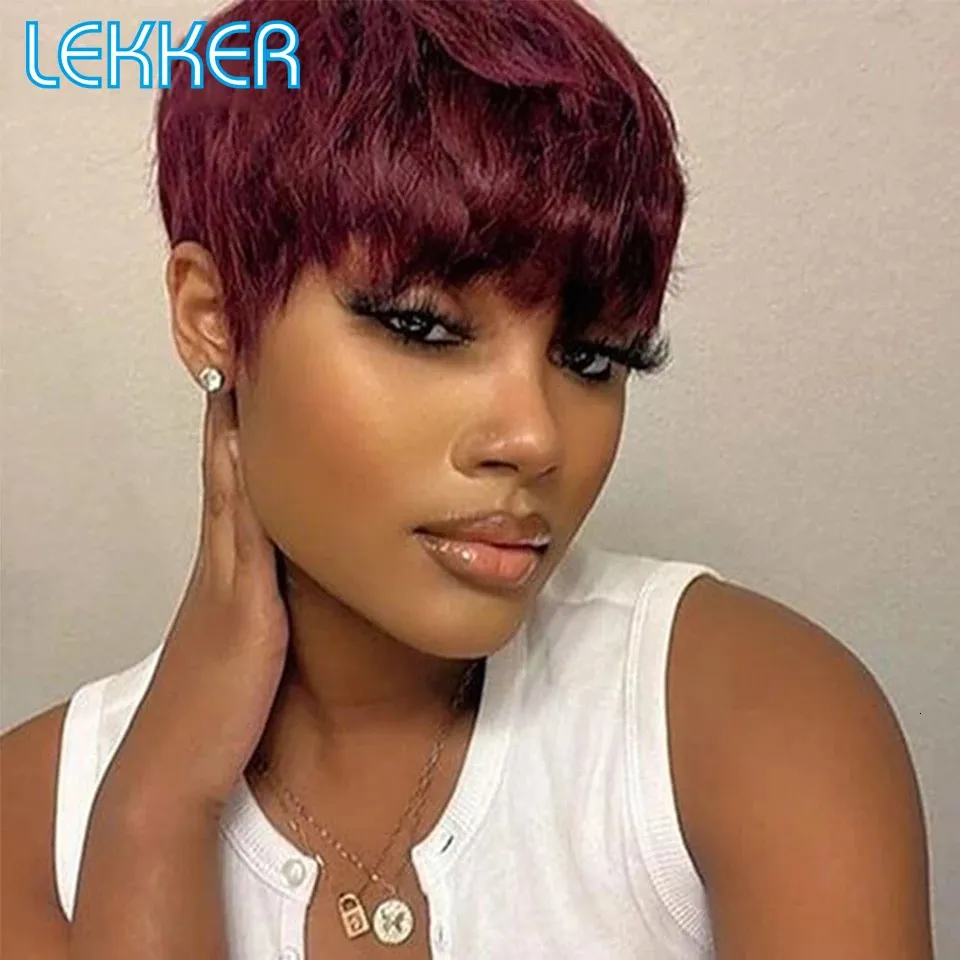 Lekker Colored Short Straight Bob Pixie Human Hair With Bangs For Women Brazilian Remy Non Lace Burgundy Red 240401