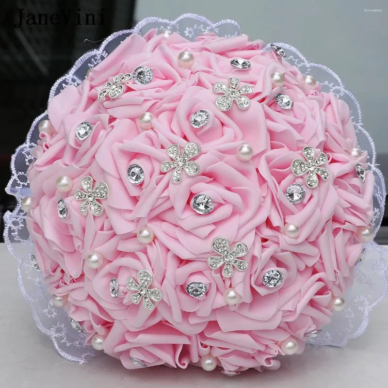 Fleurs de mariage Janevini mariée demoiselle d'honneur rose bouquet de fleurs avec des bijoux en argent artificiel PE roses perle cristal bleu bouquets de mariée