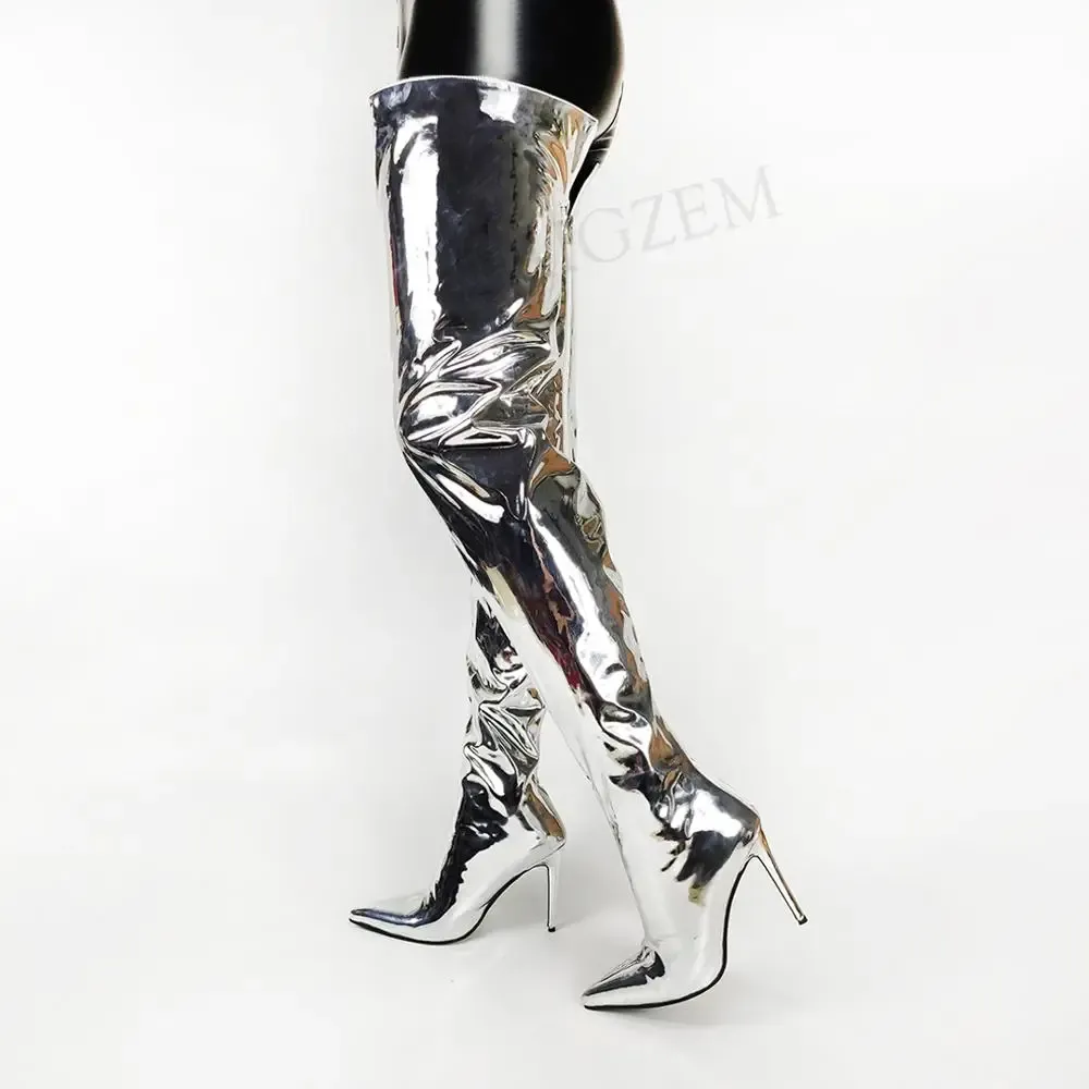 Boots LAIGZEM Women Thigh High Boots Mirror Shiny Back Zip Stiletto High Heels Boots Shoes Woman Botines Botas Large Size 39 42 45 47