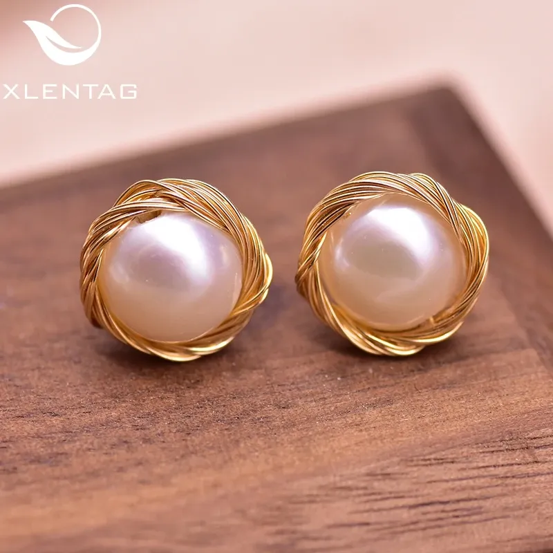 Earrings XlentAg Minimalist Natural Freshwater Pearls Stud Earrings For Women Handmade Wedding Gifts Bohemian Vintage Fine Jewerly GE0938