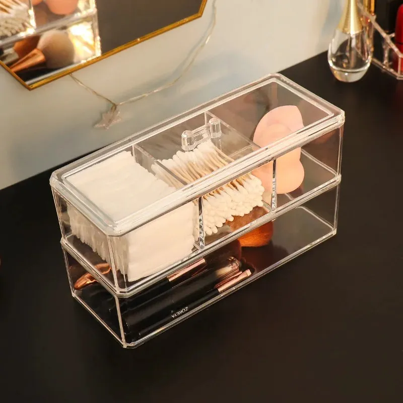 Cotton Pads Holder Organizer 3-Grid Cosmetic Pads Storage Box with Lid Acrylic Makeup Brush Holder Dispenser Transparent Cotton