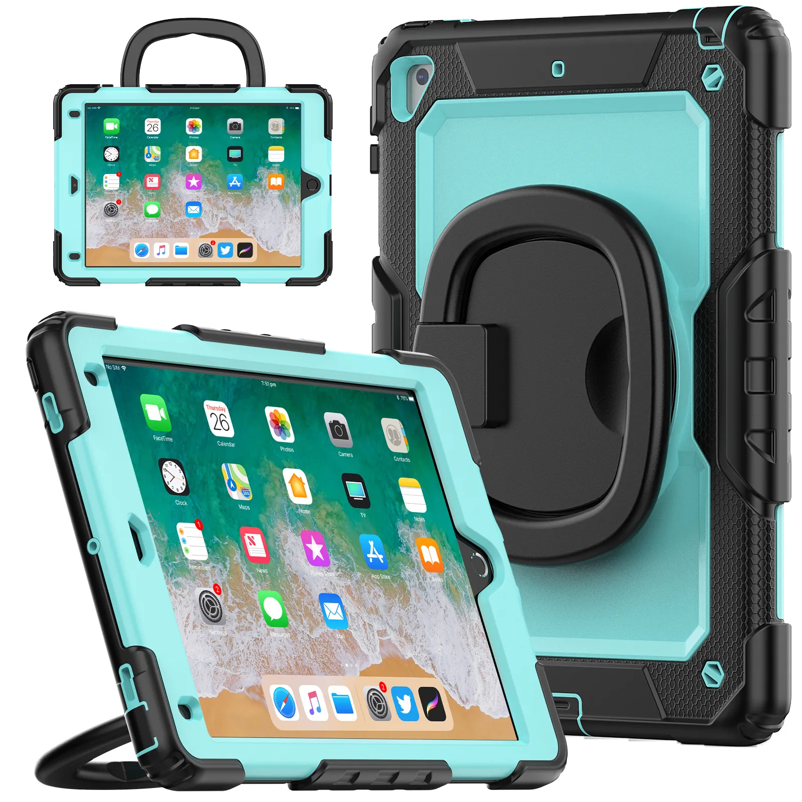 Per iPad Air2 9.7 pollici Pro 9.7 Custodia con impugnatura pieghevole Cavalletto girevole a 360° Cover ibrida resistente Silcione Custodia antiurto per bambini + Tracolla + Pellicola PET per schermo