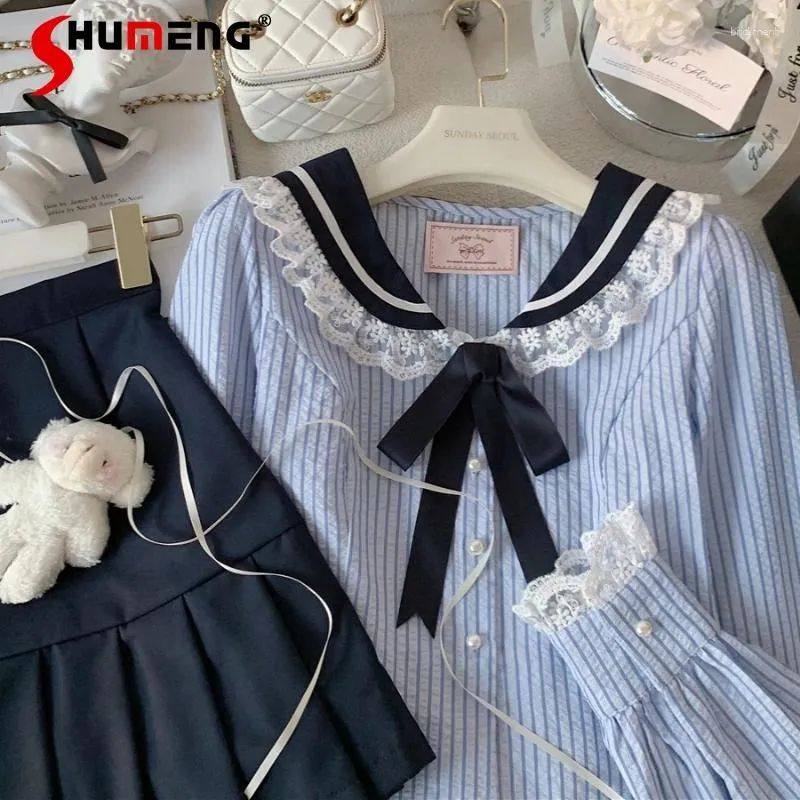 Blouses Femmes Rétro Sweet Navy Style Bleu Rayé Bow Top Pour Femmes 2024 Printemps Élégant Col Marin Blouse Lady Slim Manches Longues Chemises