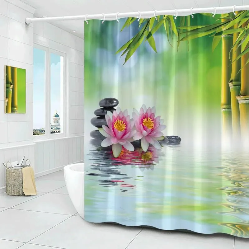 Douchegordijnen Roze Lotus Zen Zwarte Steen Groene Bamboe Tuinlandschap Japanse Spa Badgordijn Stof Print Badkamer Decor Set