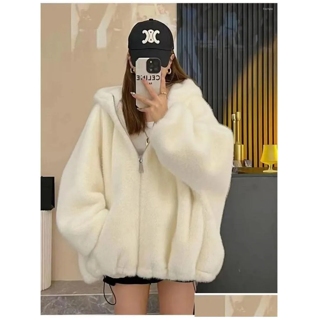 Mulheres Hoodies Moletons Com Capuz Lambswool Fleece Jacket Mulheres Outono e Inverno Zipper Quente Outerwear Chic Solto Engrossado Fluffy Drop Dhobx