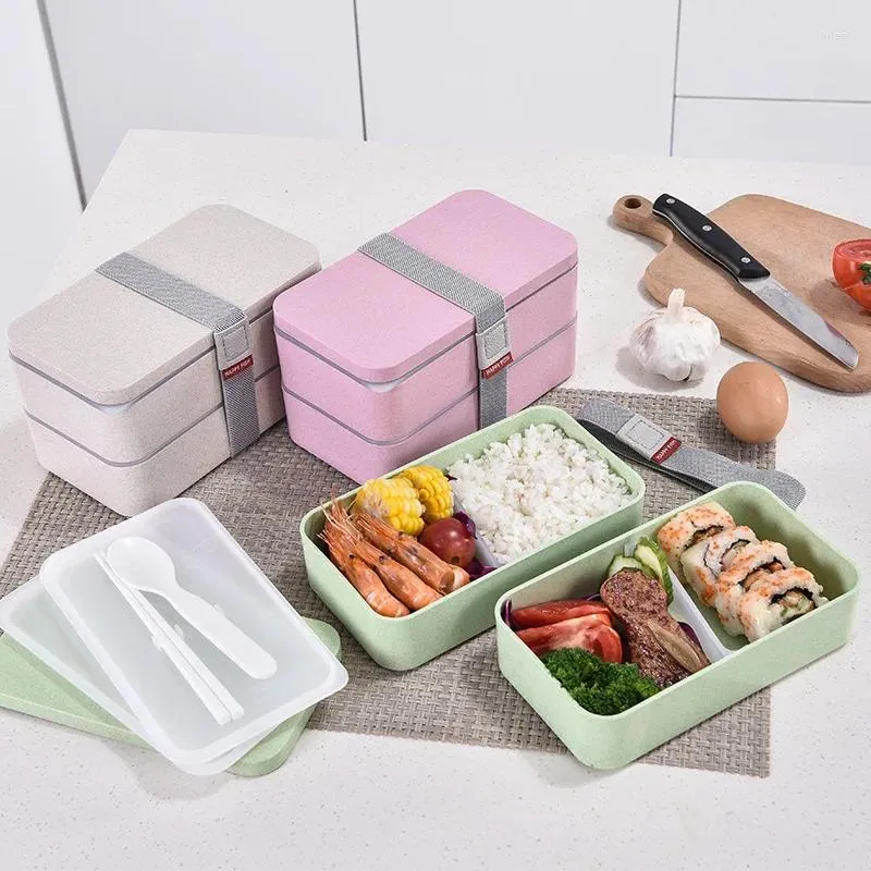 Dinware Dubbele laag tarwe Straw Lunch Box For Kids Eco-vriendelijke kantoor Bento Boxes draagbare reiscontainer