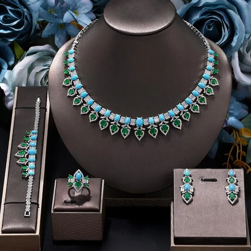 Necklace Earrings Set Luxury Dubai Bridal Jewelry Turquoise CZ Zircon 4PCS Wedding UAE Brides Party Gift