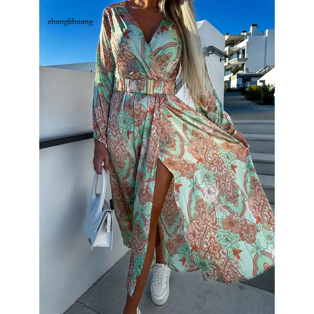 Jurken Basic Casual Boho Floral Print Long Jurk Women Sexy Deep V-Neck Mouw High Split Swing met riem Elegant Beach Vestidos 230531