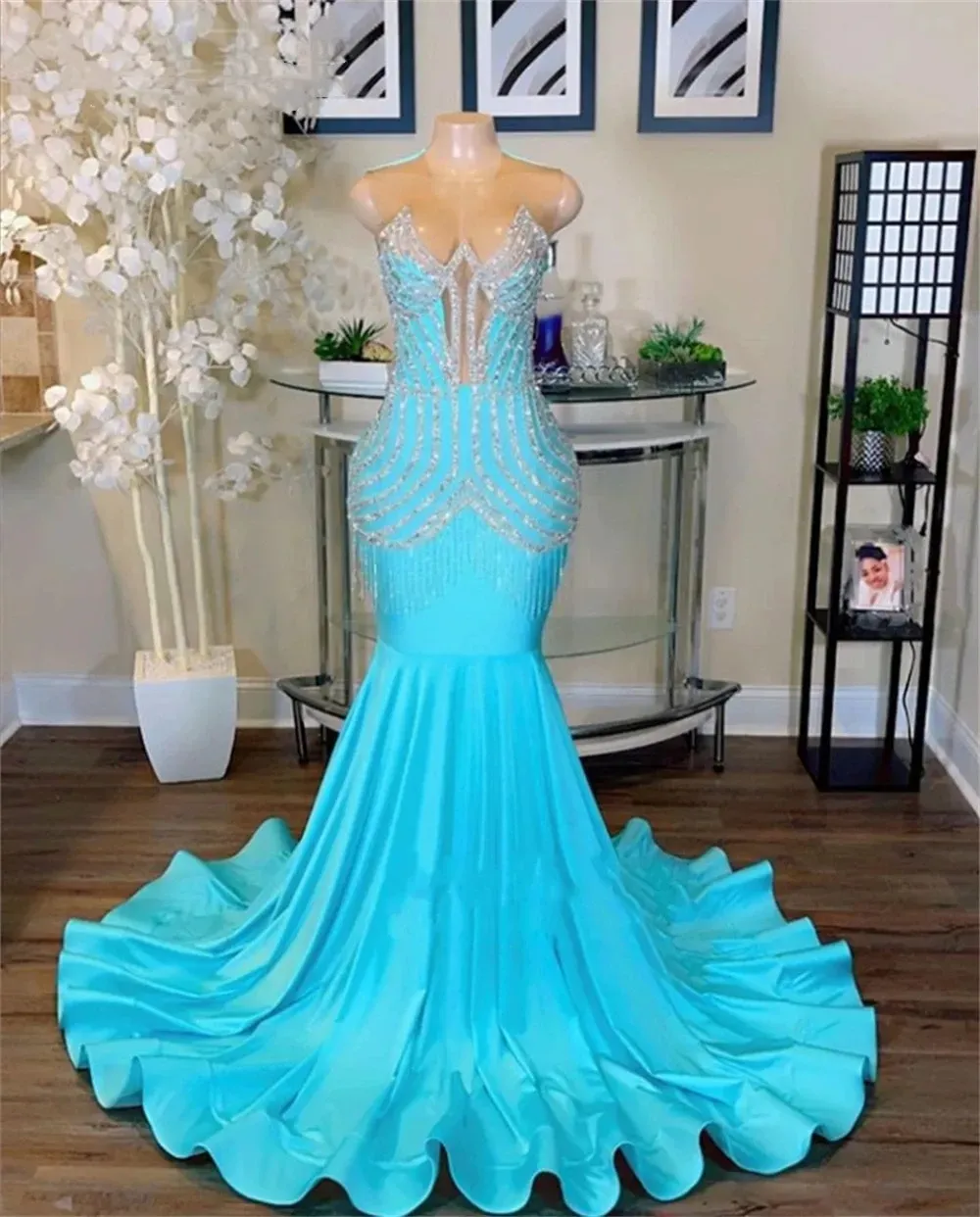 Blue Sirène perle per perlé robes de bal 2024 pour les filles noires robe d'anniversaire de soirée africain vestidos de bal BC18540