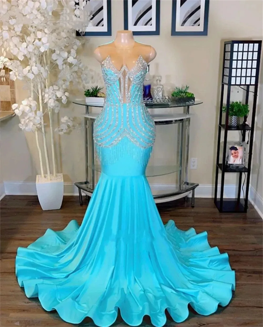 Blue Mermaid Prom Dress Beaded African Evening Gown for Black Girls,  Birthday Party Dress, Long Formal Vestidos