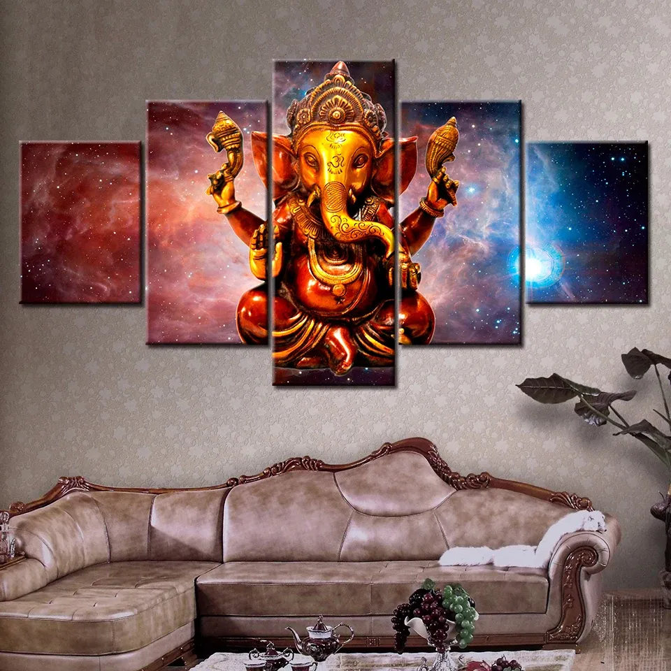 5 Pieces Hindu God Ganesha with Cosmic Planet Canvas Pictures HD Printed Wall Art for Living Room Decor Posters DropShipping