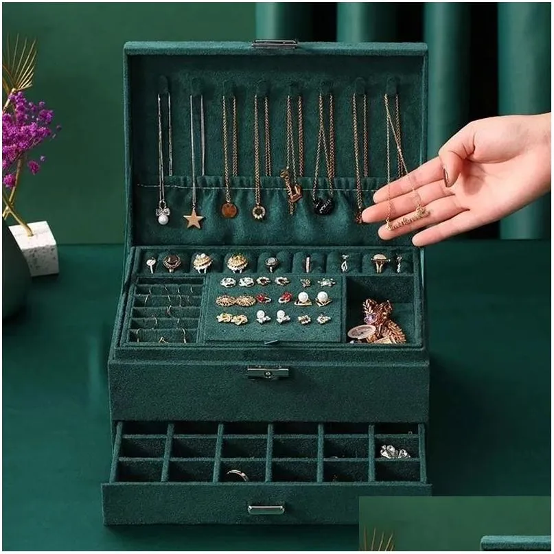 Pudełka z biżuterią pudełko 3-warstwowe zielone stadninę organizator duży pierścień naszyjnik uchwyt makijażu obudowa Veet z zamkiem do dostawy Dhllt