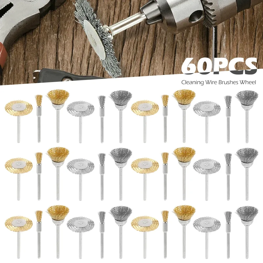 60pcs Brass Brass Brush Set Shank Wire Wire Tamanho Multi Brush Toolas de polimento Dremel Rotário ferramentas elétricas Acessórios