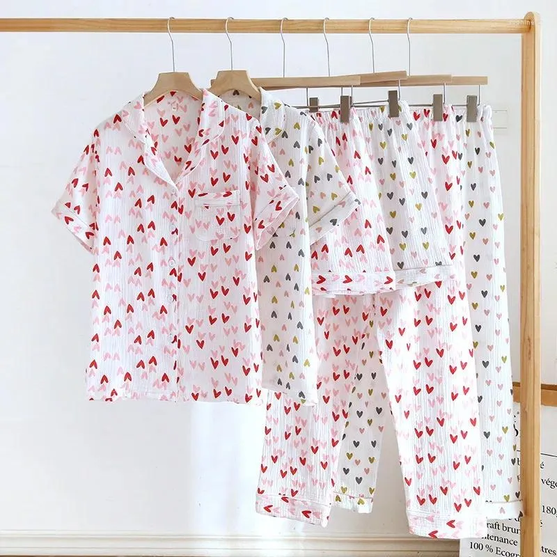 Vêtements à domicile 2024 printemps / été pour femmes pyjamas 3 pièces Coton crêpe à manches courtes Shorts Pantalon de style princesse