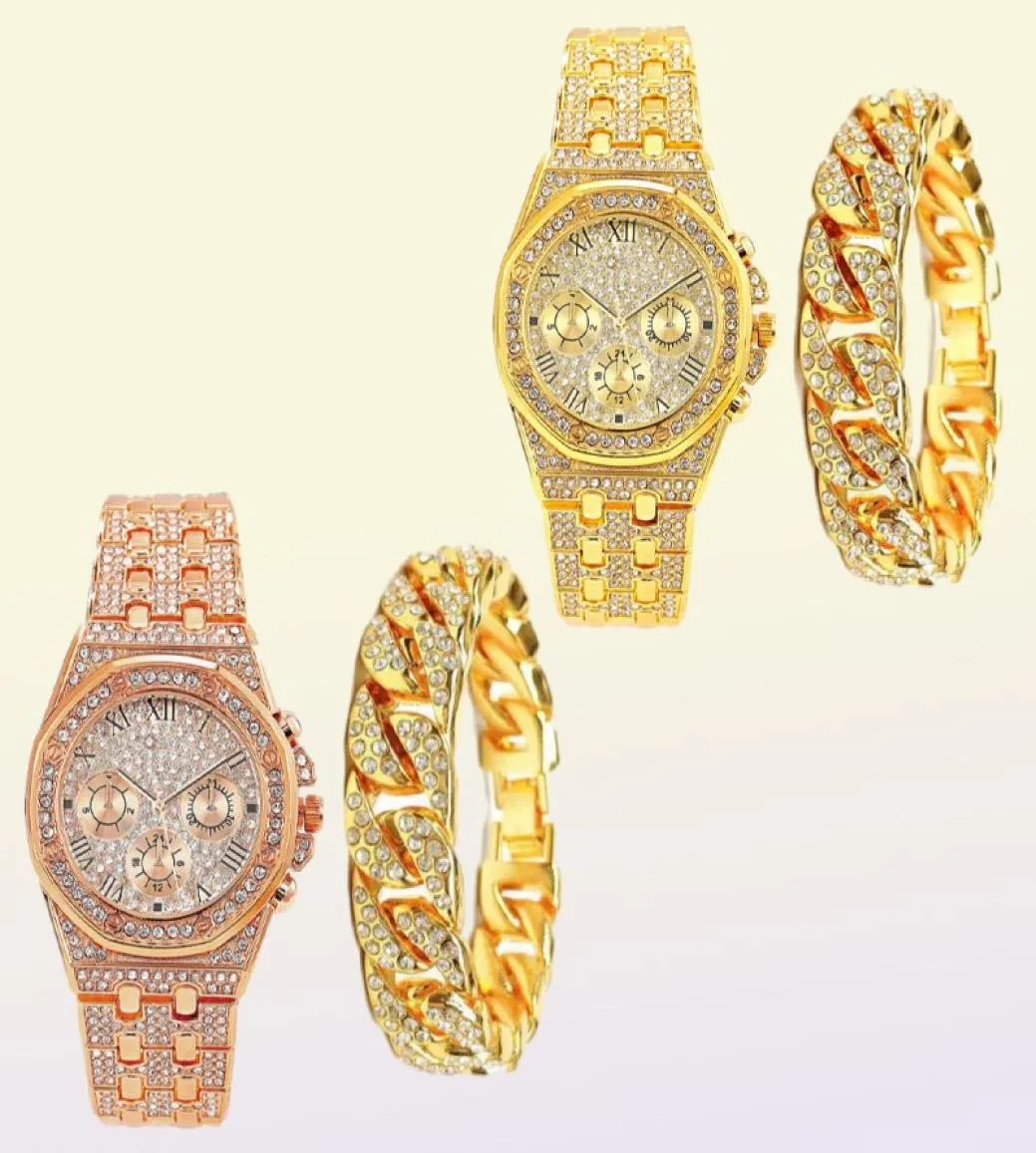 Zegarek na rękę fajną mrożoną bransoletę zegarków dla mężczyzn Kobiety Para luksusowe zegarki Złote Diamond z kubańską biżuterią z łańcucha kropli 7638594