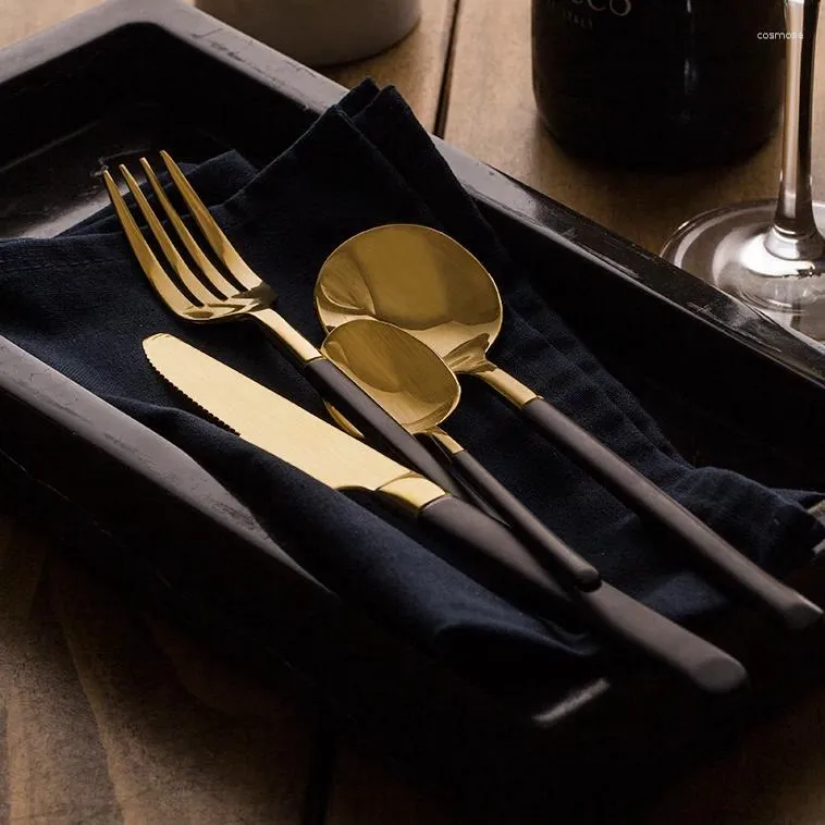 Чайные ложки 304 из нержавеющей стали в западном стиле Food Food 3-часовой набор десерт на столовую посуду черные Grip Gold Высококачественные стейки-ножи.