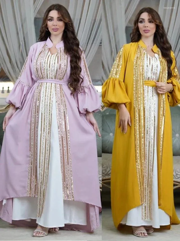 Etnische kleding Eid Abaya 2 -delige set voor vrouwelijke jurken Lantern Sleeve Ramadan pailletten jalabiya jurk moslim maxi robe caftan feestvestido