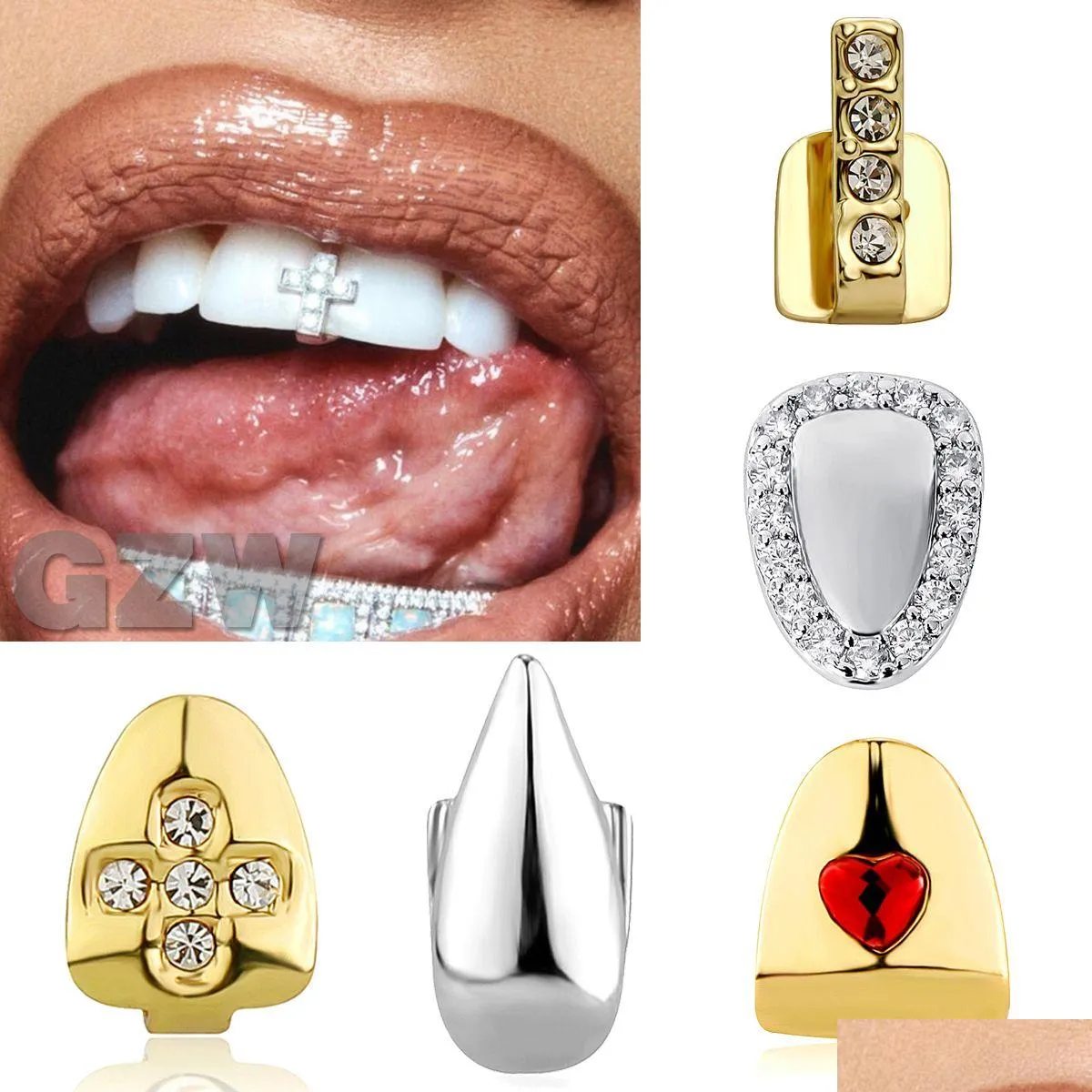 Grillz Dental Grills 18KゴールドシングルブレースパンクヒップホップCZキュービックジルコニアクロス歯牙の歯キャップコスプレハロウィーンパーティーVa otudc