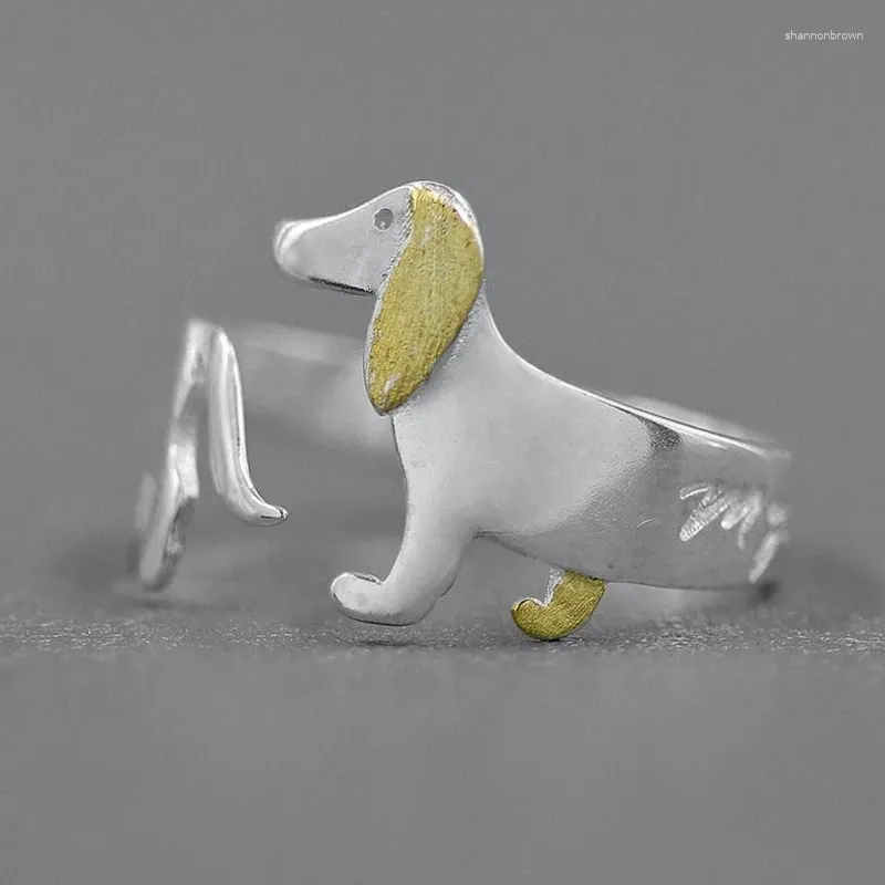 Klusterringar 925 Sterling Silver Gold Color Long Ears Puppy Sausage Dog Model Ring for Women Män Justerbara handgjorda fina smycken