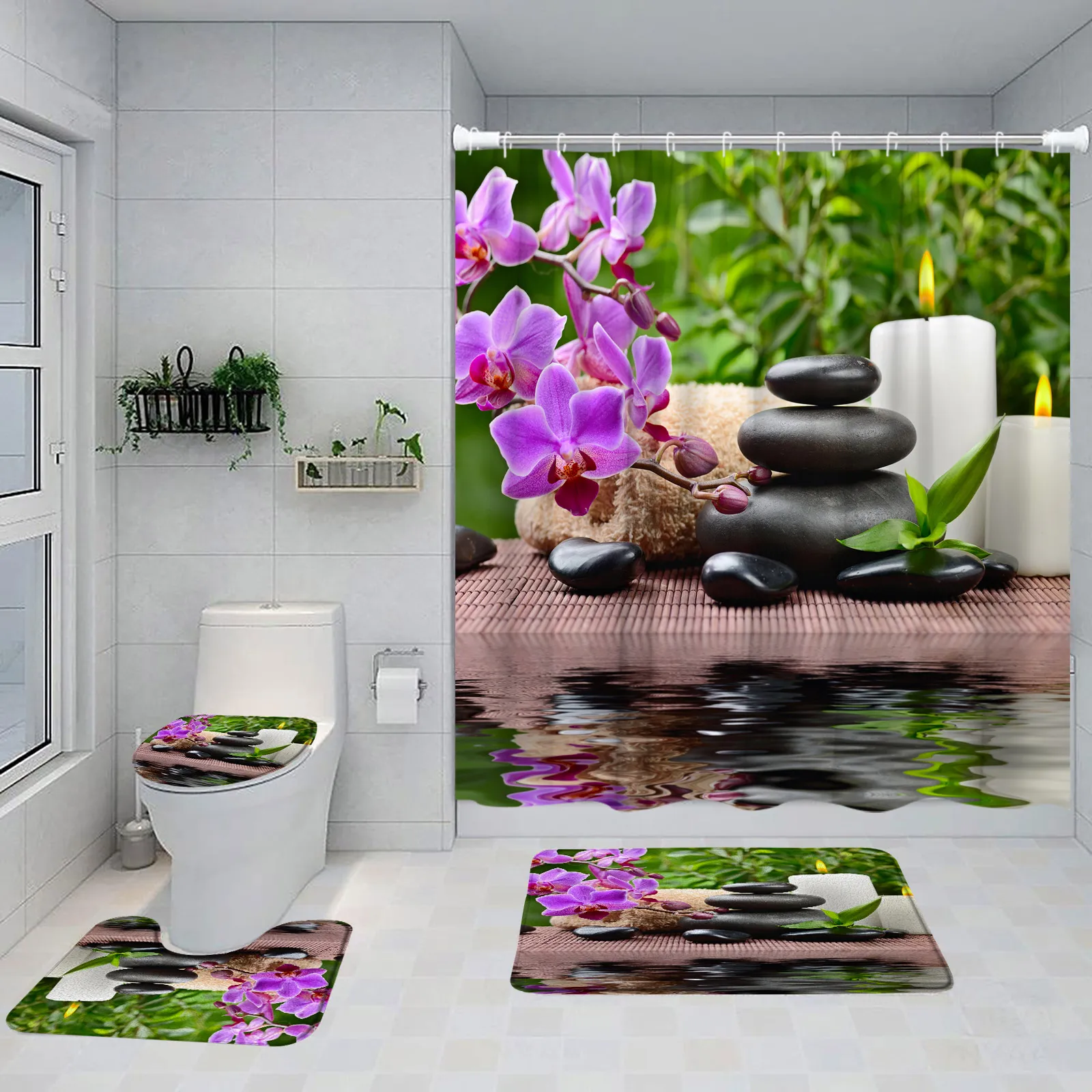 Cortinas De Ducha Morada: Decoración De Baño Con Alfombras No Deslizantes Y  Tapa Del Inodoro: Diseño De Orquídeas, Piedra Y Bambú De 31,52 € | DHgate, image size:1600x1600