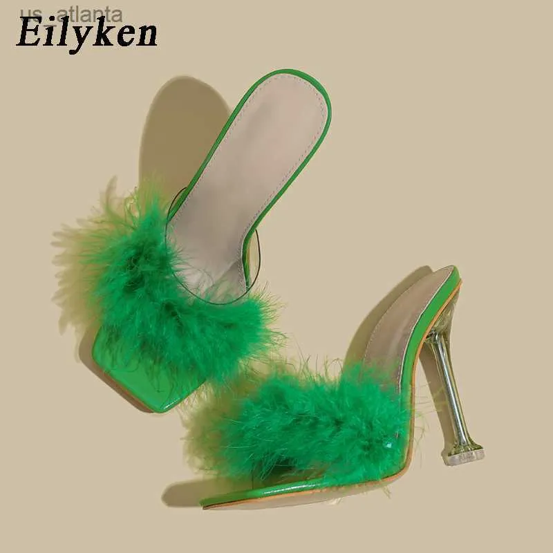 Klänningsskor Green Square Toe PVC Transparent Fluffy Slippers glider tunna höga klackar Summer Women Party H2404036XM5