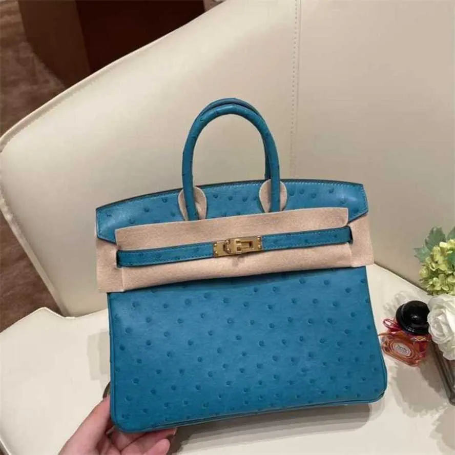 Desigenr Bags Ostrich Handbags Leather 5a Genuine Handswen Designer Bag Handmade Luxury Wax Wrapped South Blue Button with High Logo